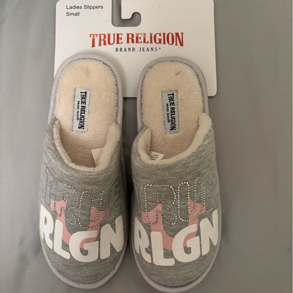 True Religion Gray Slippers with Pink Details